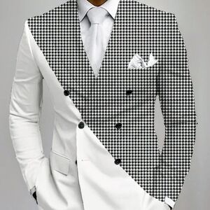 Okaywear Houndstooth Print Patchwork Double Breasted Business Blazer Size (M)